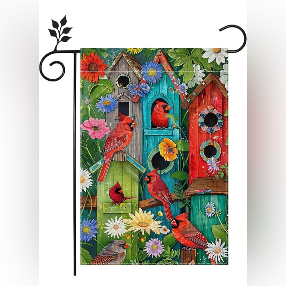 Cardinal Birdhouse Garden Flag Summer Spring Floral Double-sided